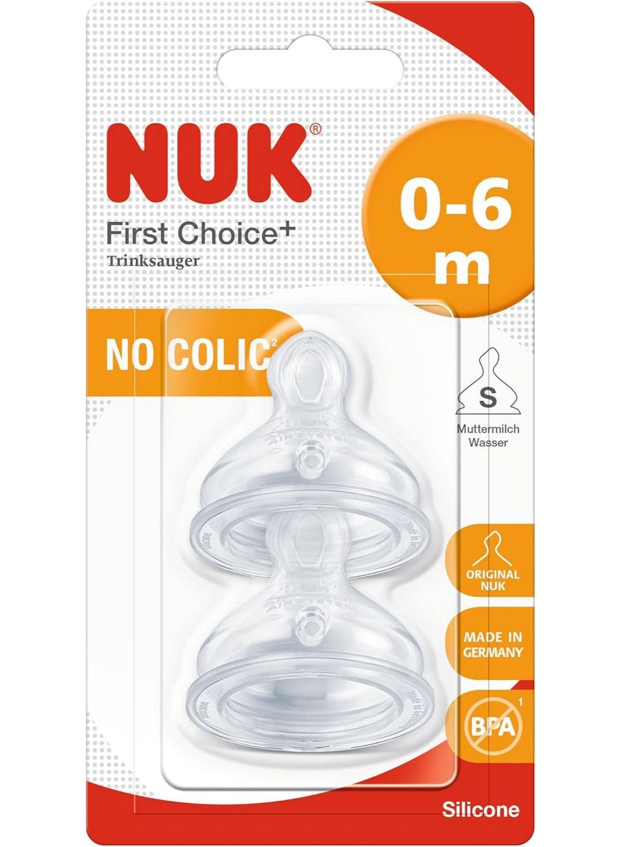 NUK First Choice+ Baby Bottle Silicone Teat With Small Feed Hole Anti Colic 0-6 Months 2 Pcs